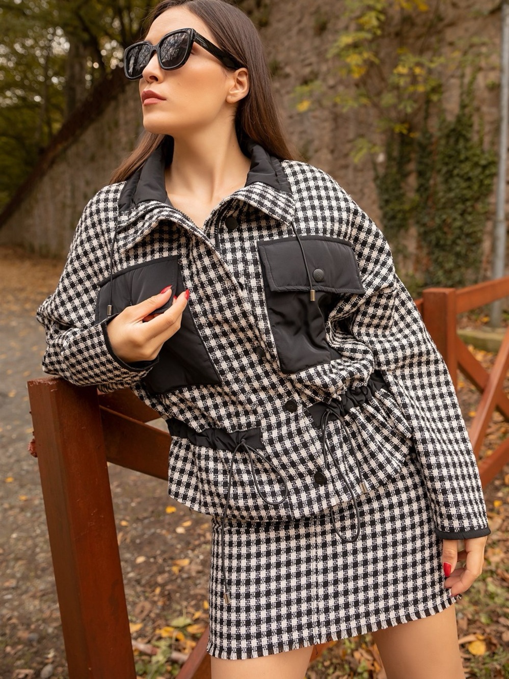 Zara black and white plaid tweed skirt set